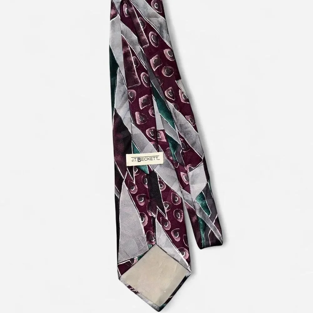 Burgundy Green and Grey Geometric 1980s J. T. Beckett Neck Tie